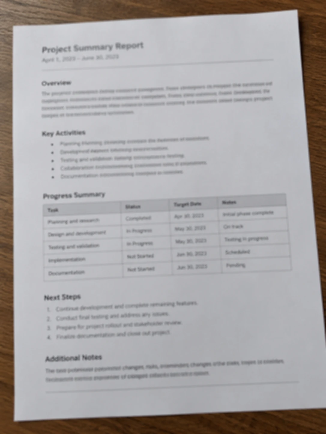 Blurry photo of a printed project report on a table