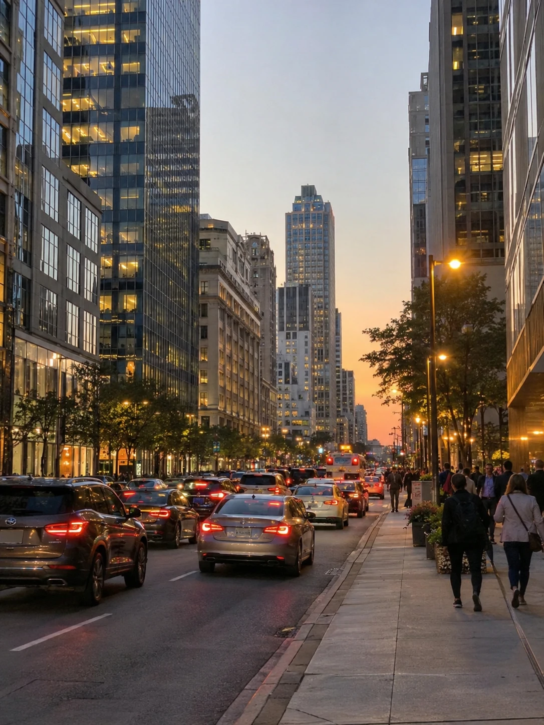 City street at dusk with traffic and lit towers
