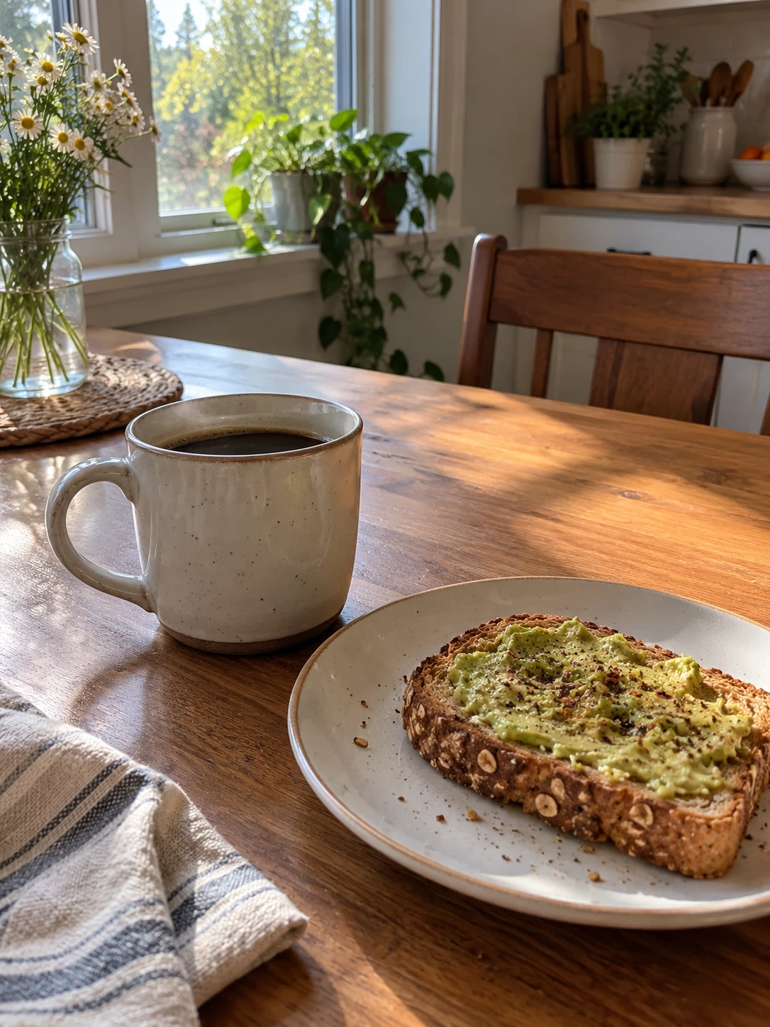 Coffee and avocado toast on a wooden table