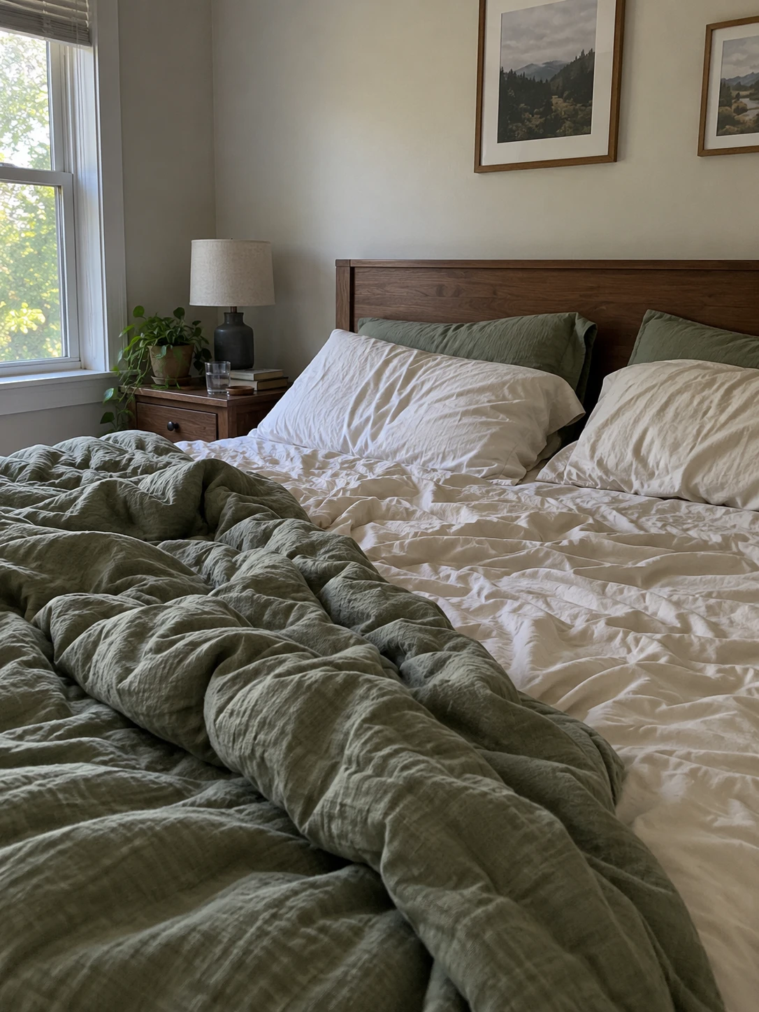 Unmade bed with green and white linen