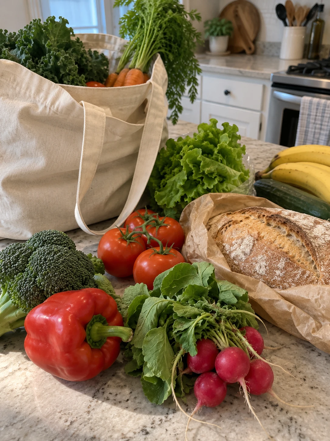 Groceries spread out on a kitchen counter