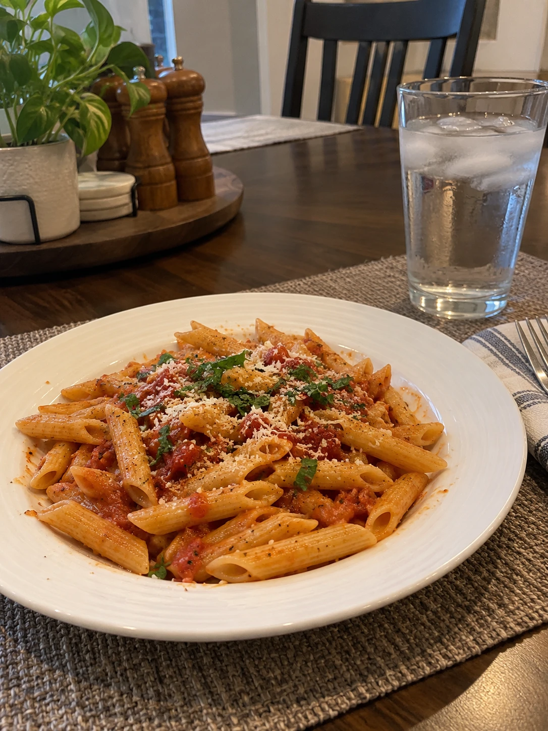 Bowl of penne in tomato sauce with a glass of water