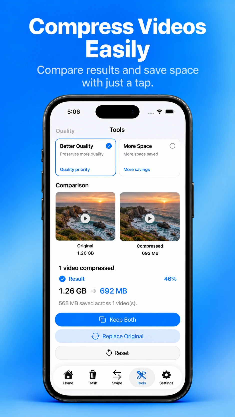 TidyMyGallery video compression on iPhone: Better Quality and More Space options, an original and compressed video side by side, and Keep Both and Replace Original buttons.