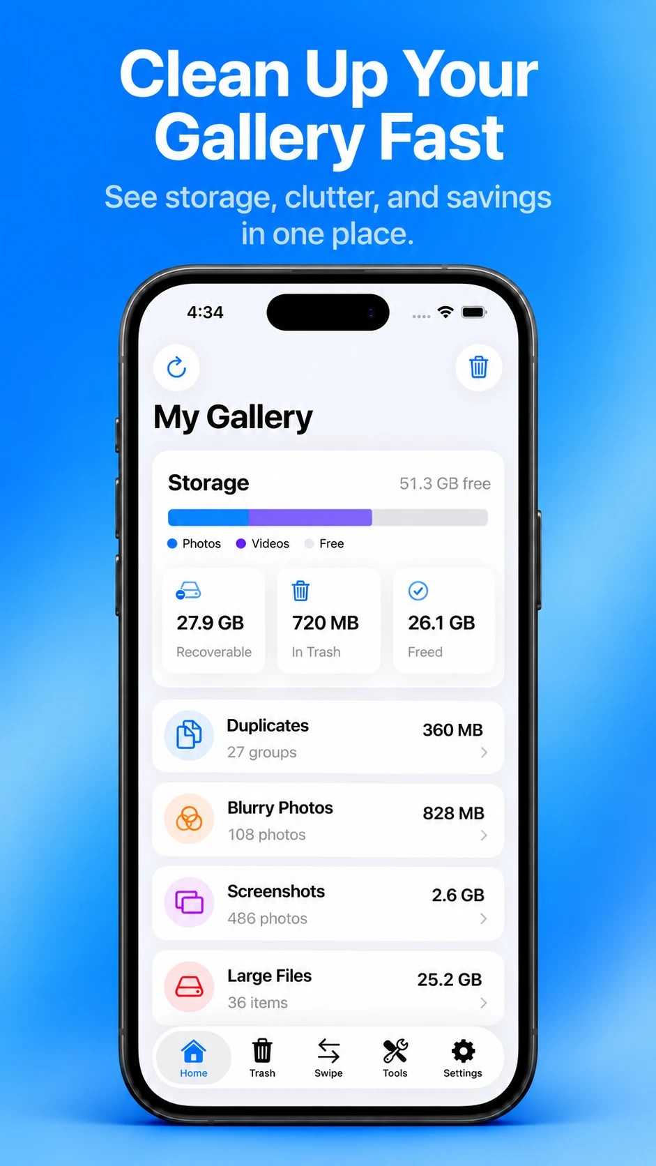 TidyMyGallery home screen on iPhone: a storage overview with recoverable space, items in Trash and space freed, above Duplicates, Blurry Photos, Screenshots and Large Files categories.