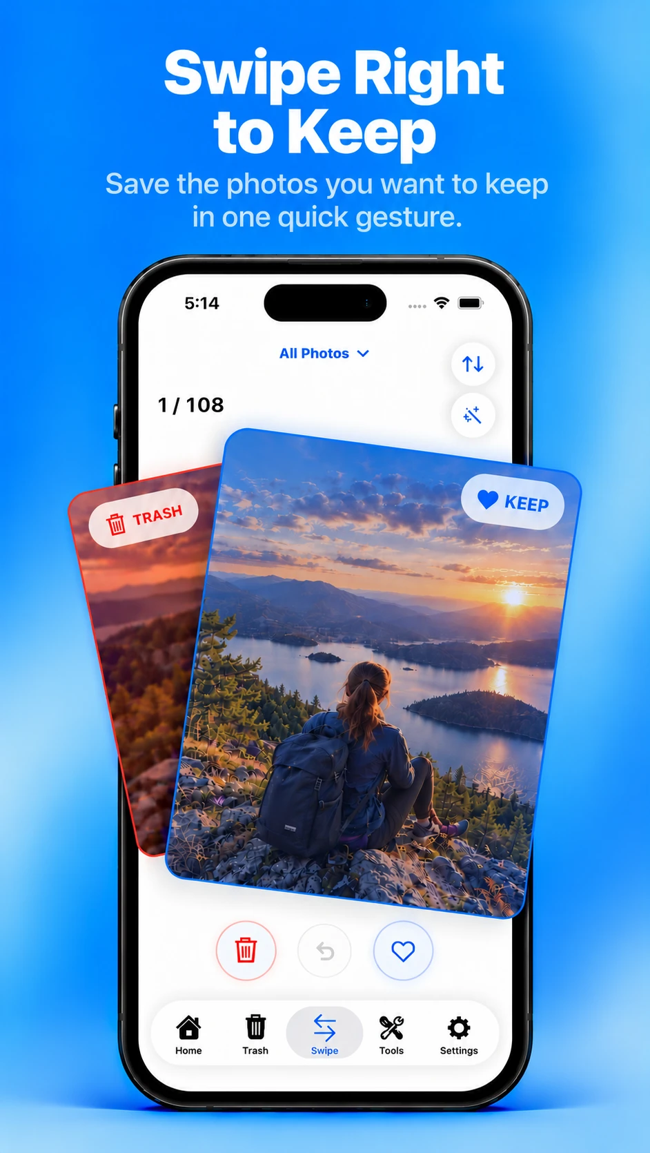 TidyMyGallery swipe review on iPhone: a photo card tilted to the right with a Keep label, and a second card behind it with a Trash label.
